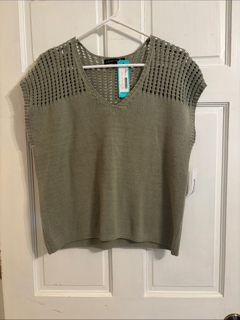 Love Tree Olive Open-Stitch V-Neck Knit Tank
